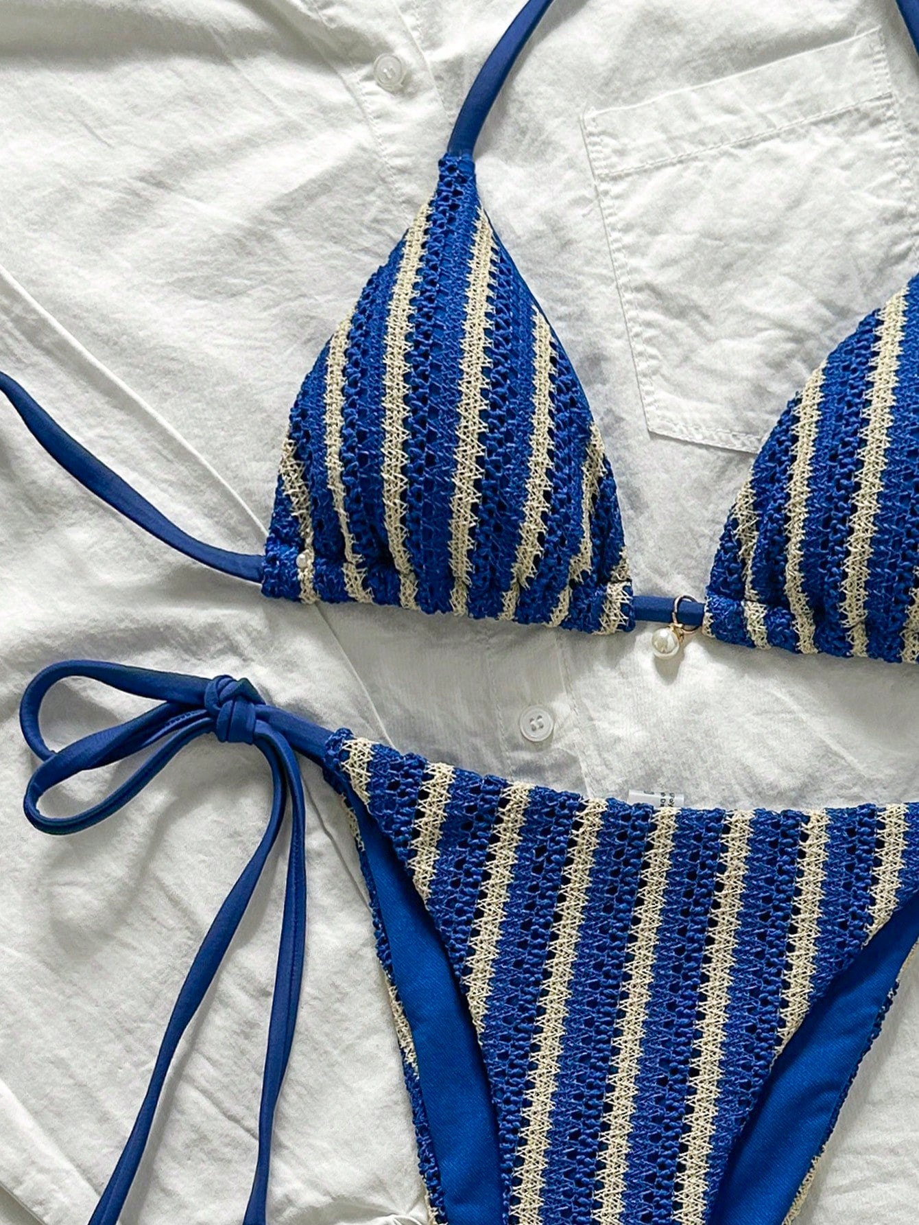 Swim Mod Women Fabric Bikini Set With Multicolor Striped Halter Wrap And Tie Side Short Bottom