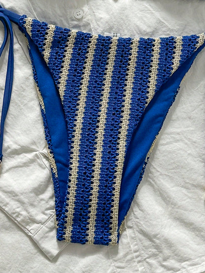 Swim Mod Women Fabric Bikini Set With Multicolor Striped Halter Wrap And Tie Side Short Bottom