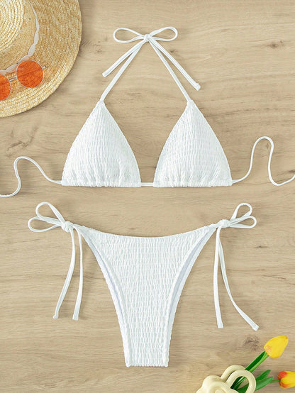 Swim Mod Women Holiday Beach Solid Color White Bikini Swimsuit Set For Summer Beach Vacation