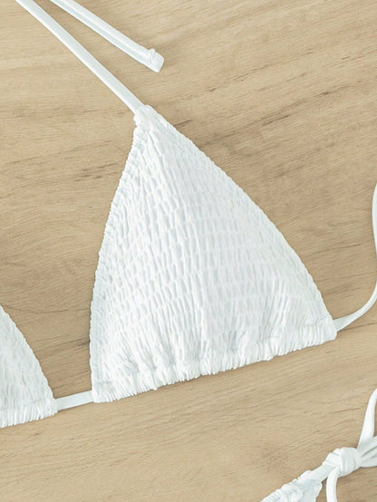 Swim Mod Women Holiday Beach Solid Color White Bikini Swimsuit Set For Summer Beach Vacation