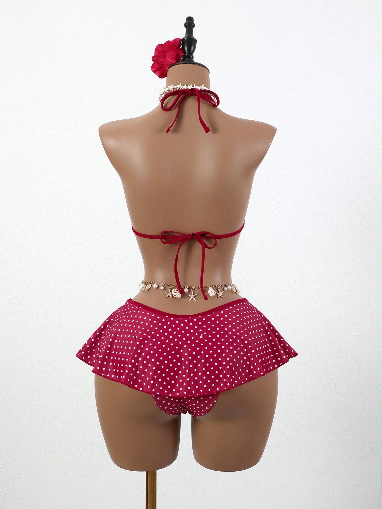 Swim Mod Women Red And White Polka Dot Bikini Set,Summer Tropical Beach Holiday Vacation,Spaghetti Strap Top&Ruffle Trim Contrast Bottom 2 Pieces Skirt Suit