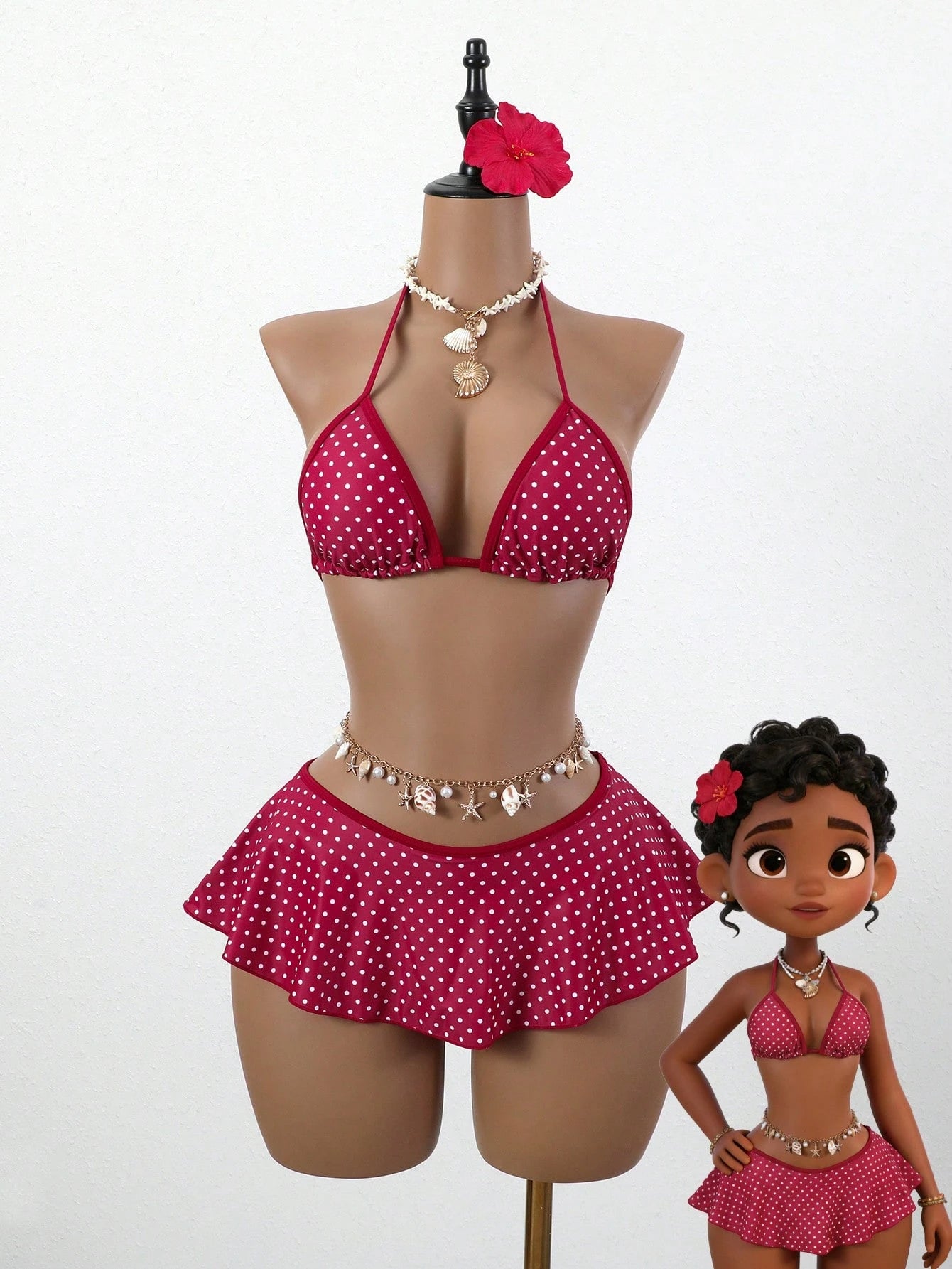 Swim Mod Women Red And White Polka Dot Bikini Set,Summer Tropical Beach Holiday Vacation,Spaghetti Strap Top&Ruffle Trim Contrast Bottom 2 Pieces Skirt Suit