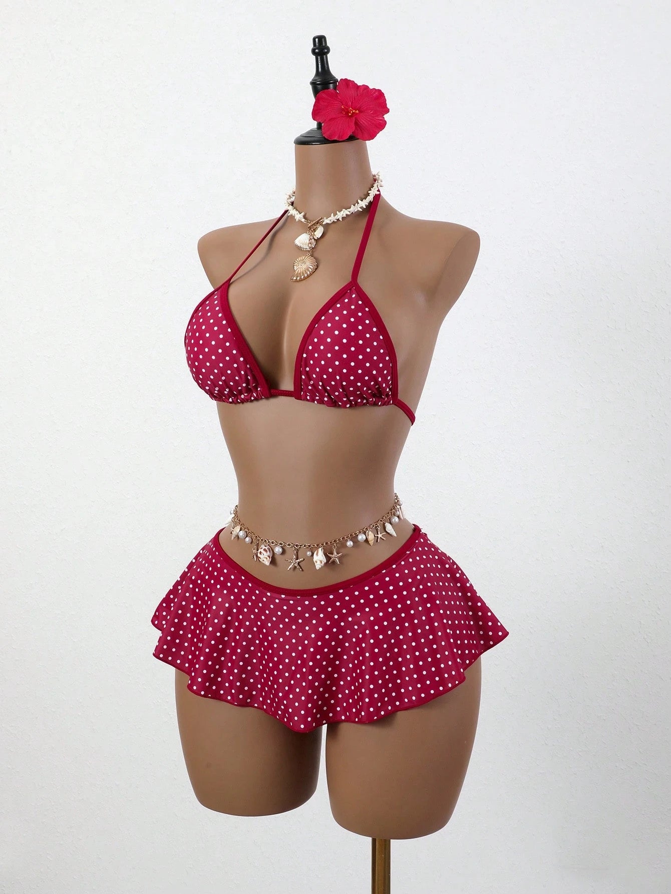 Swim Mod Women Red And White Polka Dot Bikini Set,Summer Tropical Beach Holiday Vacation,Spaghetti Strap Top&Ruffle Trim Contrast Bottom 2 Pieces Skirt Suit