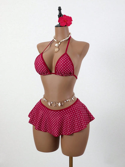 Swim Mod Women Red And White Polka Dot Bikini Set,Summer Tropical Beach Holiday Vacation,Spaghetti Strap Top&Ruffle Trim Contrast Bottom 2 Pieces Skirt Suit