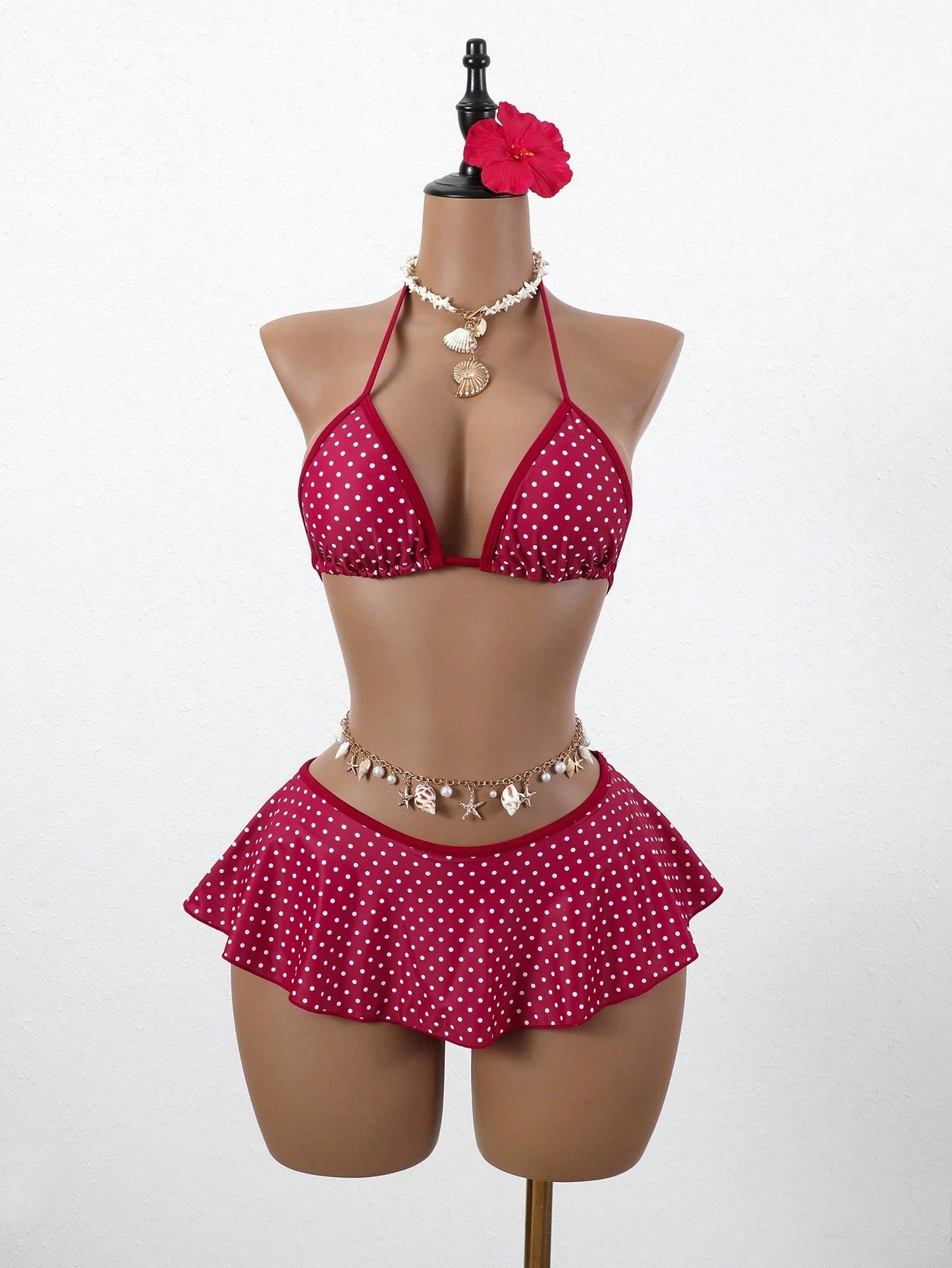 Swim Mod Women Red And White Polka Dot Bikini Set,Summer Tropical Beach Holiday Vacation,Spaghetti Strap Top&Ruffle Trim Contrast Bottom 2 Pieces Skirt Suit