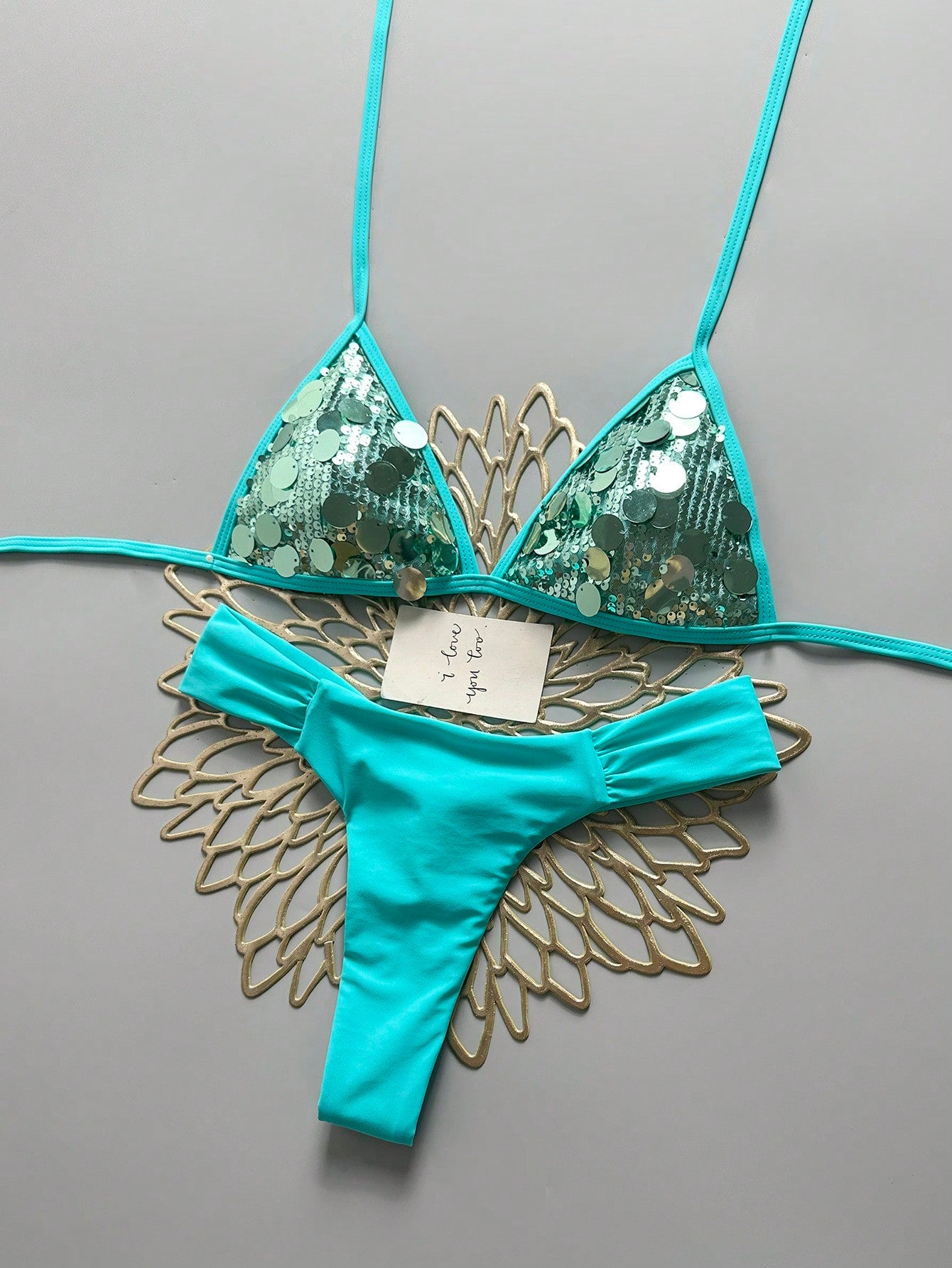 Swim Mod Women's 2 Pieces Bikini Set, Champagne Gold Sequin Fabric Triangle Tie Top And Ruched Bikini Bottoms, Beach Swimwear Outfit For Summer