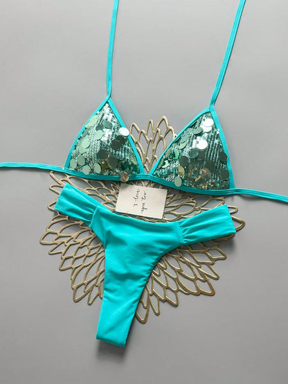 Swim Mod Women's 2 Pieces Bikini Set, Champagne Gold Sequin Fabric Triangle Tie Top And Ruched Bikini Bottoms, Beach Swimwear Outfit For Summer