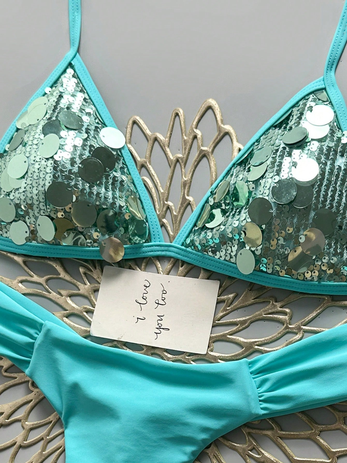 Swim Mod Women's 2 Pieces Bikini Set, Champagne Gold Sequin Fabric Triangle Tie Top And Ruched Bikini Bottoms, Beach Swimwear Outfit For Summer