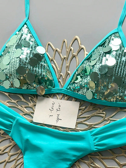 Swim Mod Women's 2 Pieces Bikini Set, Champagne Gold Sequin Fabric Triangle Tie Top And Ruched Bikini Bottoms, Beach Swimwear Outfit For Summer