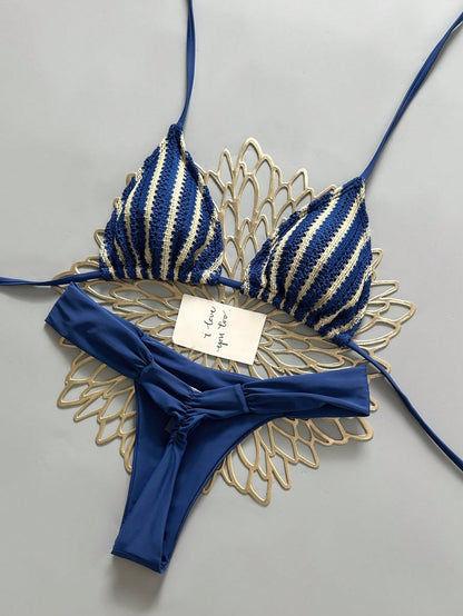 Swim Mod Women's 2 Pieces Bikini Set, Champagne Gold Sequin Fabric Triangle Tie Top And Ruched Bikini Bottoms, Beach Swimwear Outfit For Summer