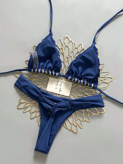 Swim Mod Women's 2 Pieces Bikini Set, Champagne Gold Sequin Fabric Triangle Tie Top And Ruched Bikini Bottoms, Beach Swimwear Outfit For Summer