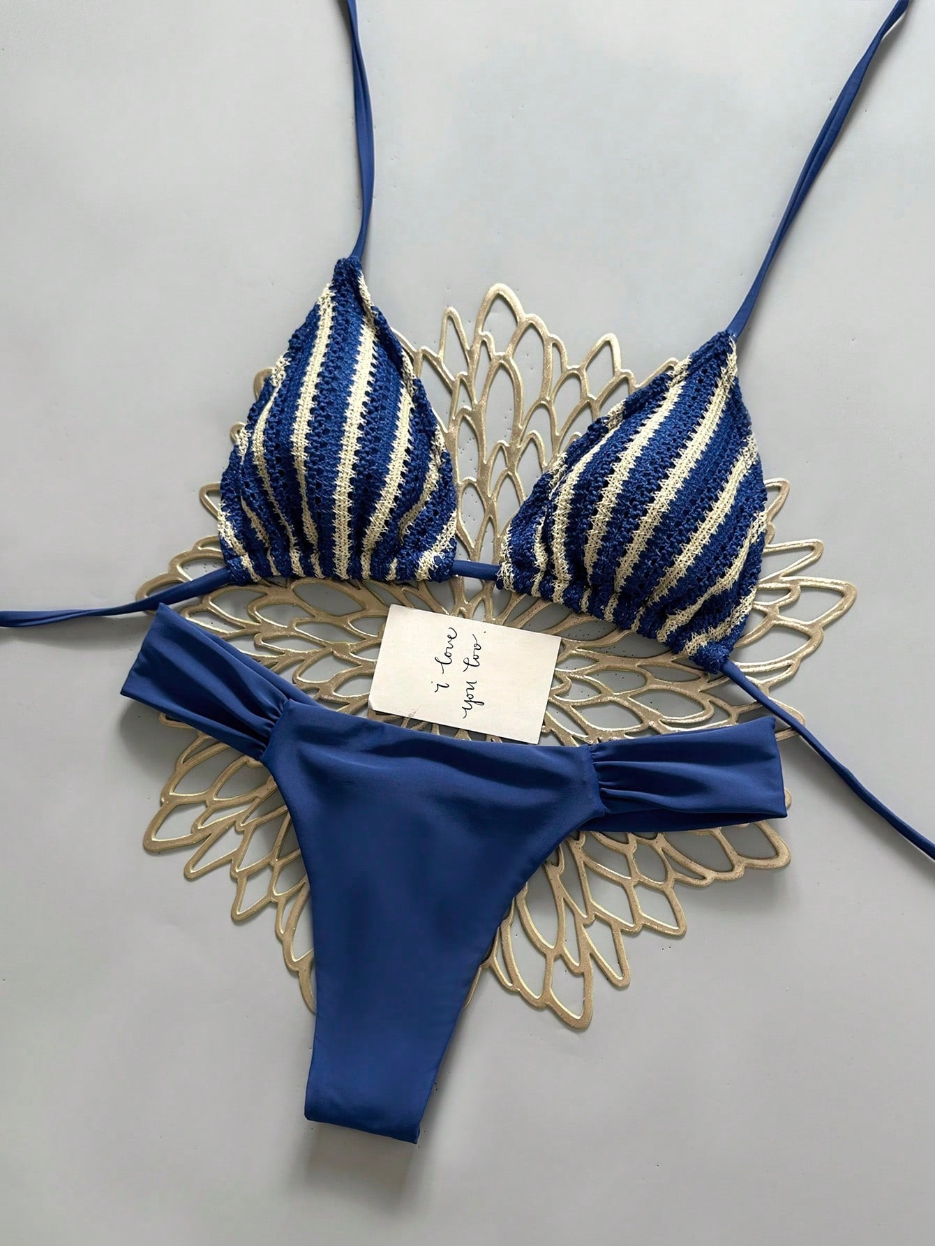 Swim Mod Women's 2 Pieces Bikini Set, Champagne Gold Sequin Fabric Triangle Tie Top And Ruched Bikini Bottoms, Beach Swimwear Outfit For Summer