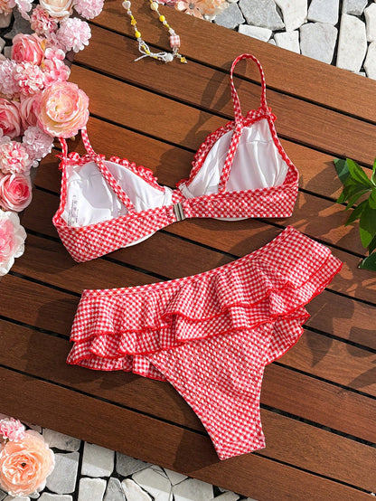 Swim Mod Women's 2pcs/Set Red And White Striped Bikini Swimsuit,Summer Holiday Retro Vintage Beach Party Cute Jacquard Underwire Push Up Ruffle Hem Shorts
