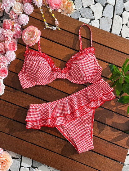 Swim Mod Women's 2pcs/Set Red And White Striped Bikini Swimsuit,Summer Holiday Retro Vintage Beach Party Cute Jacquard Underwire Push Up Ruffle Hem Shorts