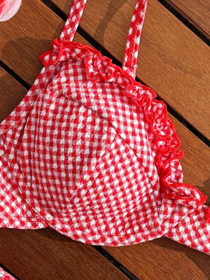 Swim Mod Women's 2pcs/Set Red And White Striped Bikini Swimsuit,Summer Holiday Retro Vintage Beach Party Cute Jacquard Underwire Push Up Ruffle Hem Shorts