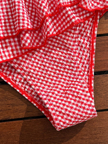 Swim Mod Women's 2pcs/Set Red And White Striped Bikini Swimsuit,Summer Holiday Retro Vintage Beach Party Cute Jacquard Underwire Push Up Ruffle Hem Shorts