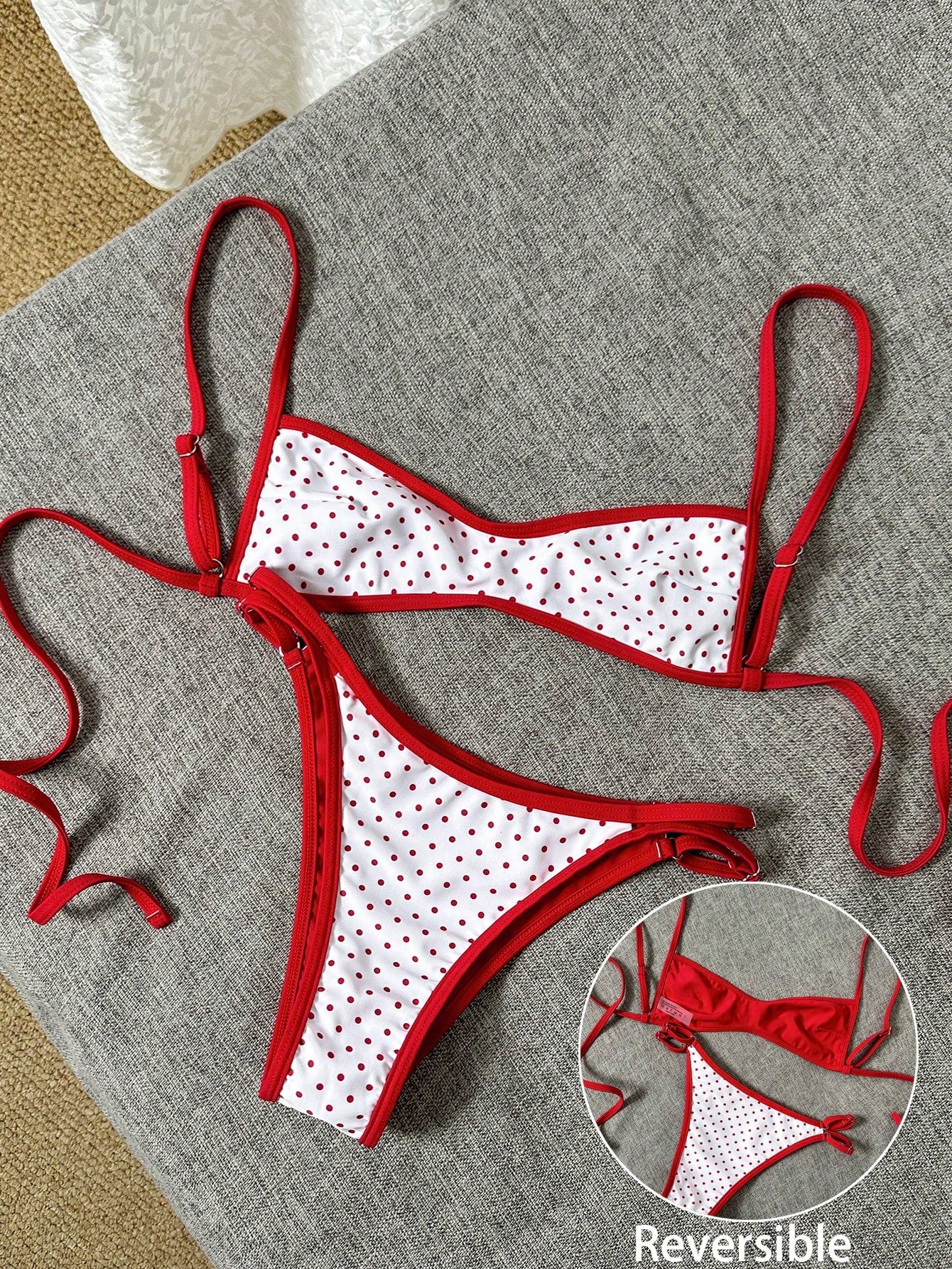 Swim Mod Women's 70s Retro Red And White Polka Dot Reversible Bikini Set, Contrast Color Double-Sided Bandeau Swimwear For Summer,Holiday,Pool Party
