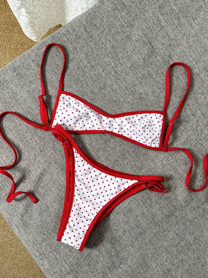 Swim Mod Women's 70s Retro Red And White Polka Dot Reversible Bikini Set, Contrast Color Double-Sided Bandeau Swimwear For Summer,Holiday,Pool Party