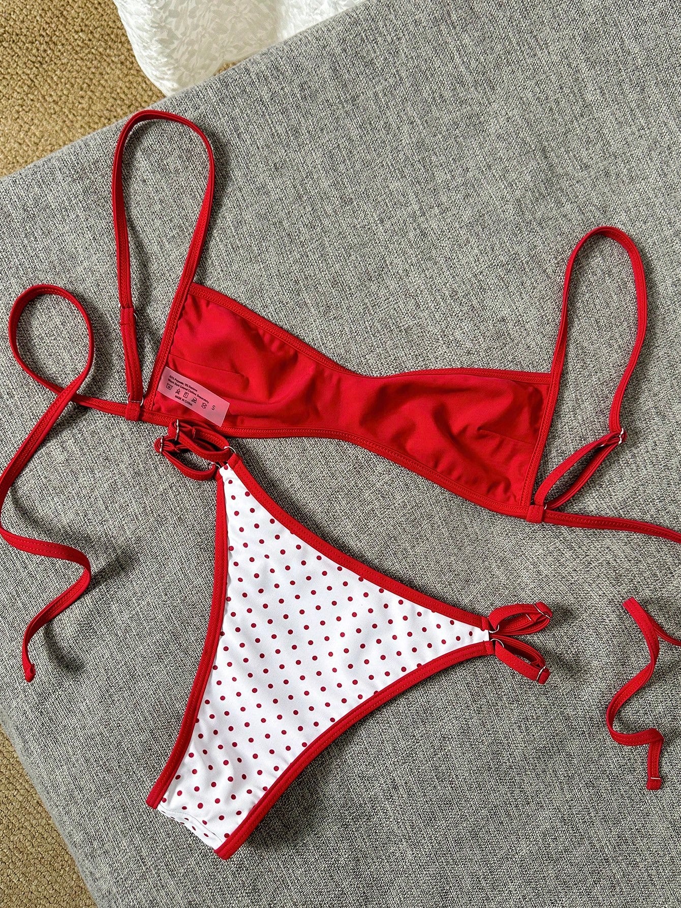 Swim Mod Women's 70s Retro Red And White Polka Dot Reversible Bikini Set, Contrast Color Double-Sided Bandeau Swimwear For Summer,Holiday,Pool Party