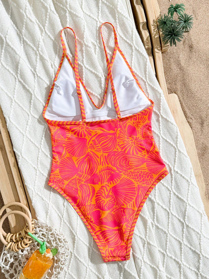 Swim Mod Women's Adjustable Spaghetti Strap Printed One-Piece Swimsuit, Backless High-Cut, Suitable For Vacation