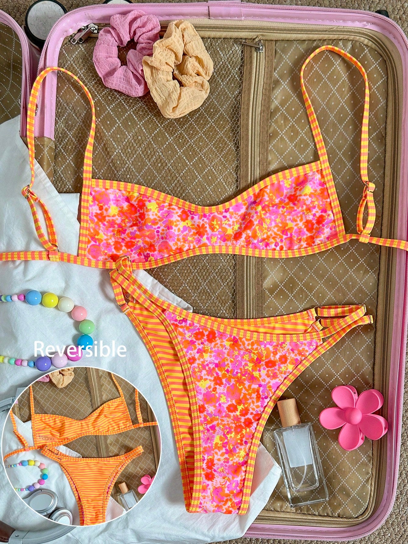 Swim Mod Women's Beach Outfit, Orange Ditsy Floral, Reversible Striped, Micro Bikini Bandeau, Fashionable Casual Resort Cute & Sexy Women's Swimwear Set