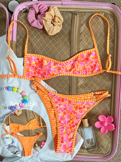 Swim Mod Women's Beach Outfit, Orange Ditsy Floral, Reversible Striped, Micro Bikini Bandeau, Fashionable Casual Resort Cute & Sexy Women's Swimwear Set