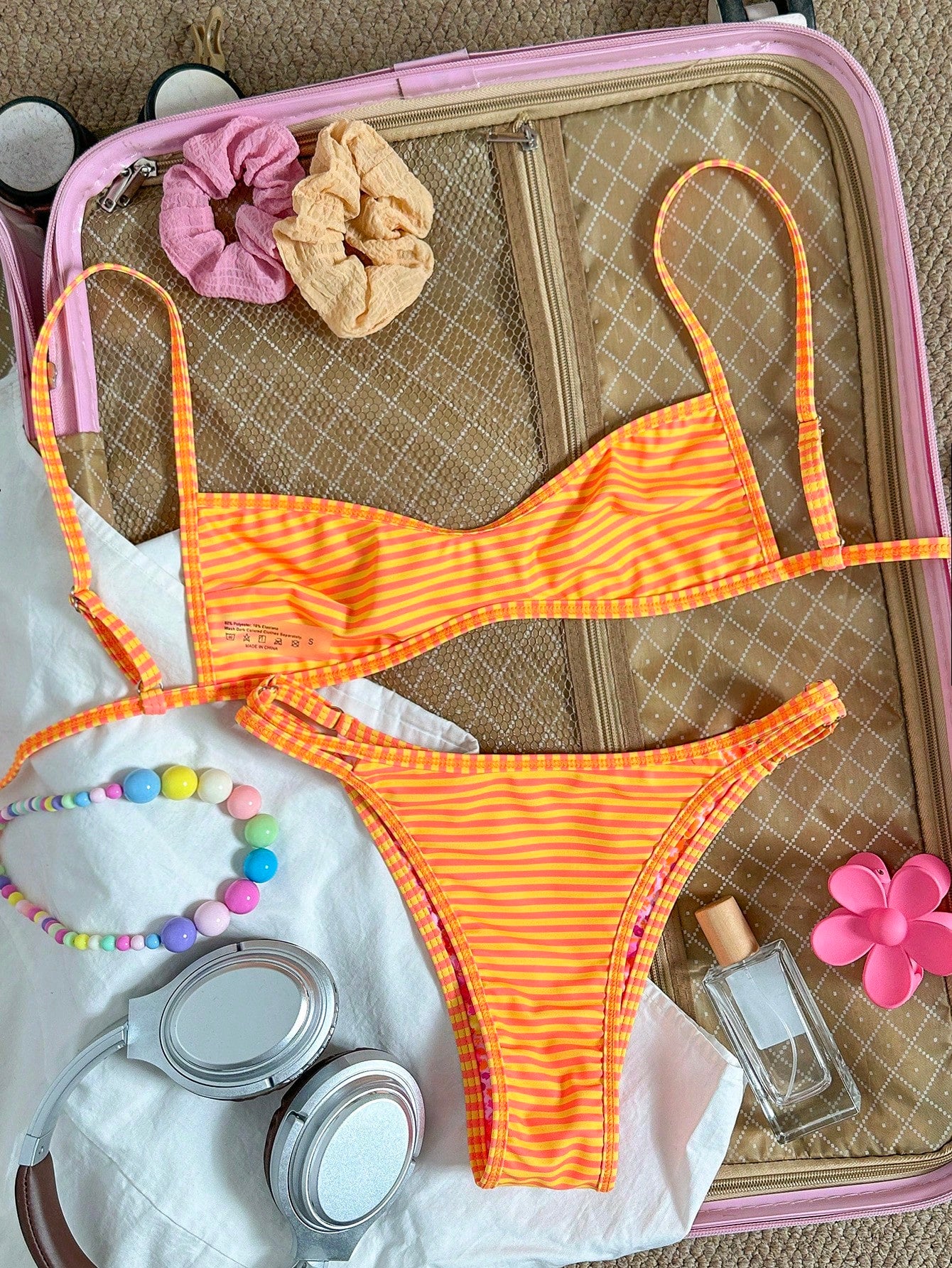 Swim Mod Women's Beach Outfit, Orange Ditsy Floral, Reversible Striped, Micro Bikini Bandeau, Fashionable Casual Resort Cute & Sexy Women's Swimwear Set