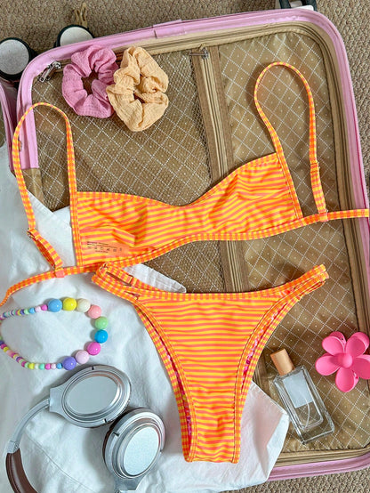 Swim Mod Women's Beach Outfit, Orange Ditsy Floral, Reversible Striped, Micro Bikini Bandeau, Fashionable Casual Resort Cute & Sexy Women's Swimwear Set