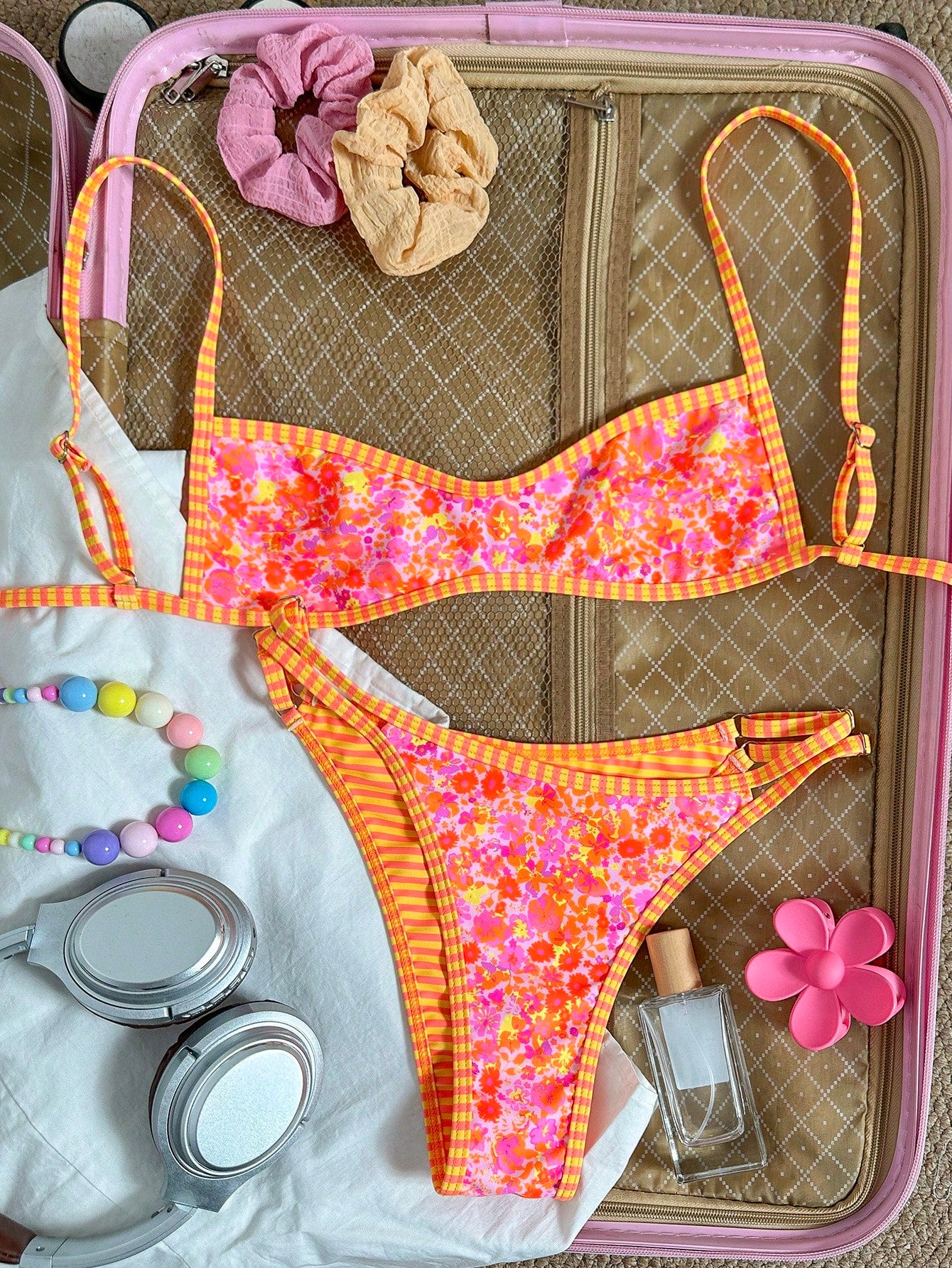Swim Mod Women's Beach Outfit, Orange Ditsy Floral, Reversible Striped, Micro Bikini Bandeau, Fashionable Casual Resort Cute & Sexy Women's Swimwear Set