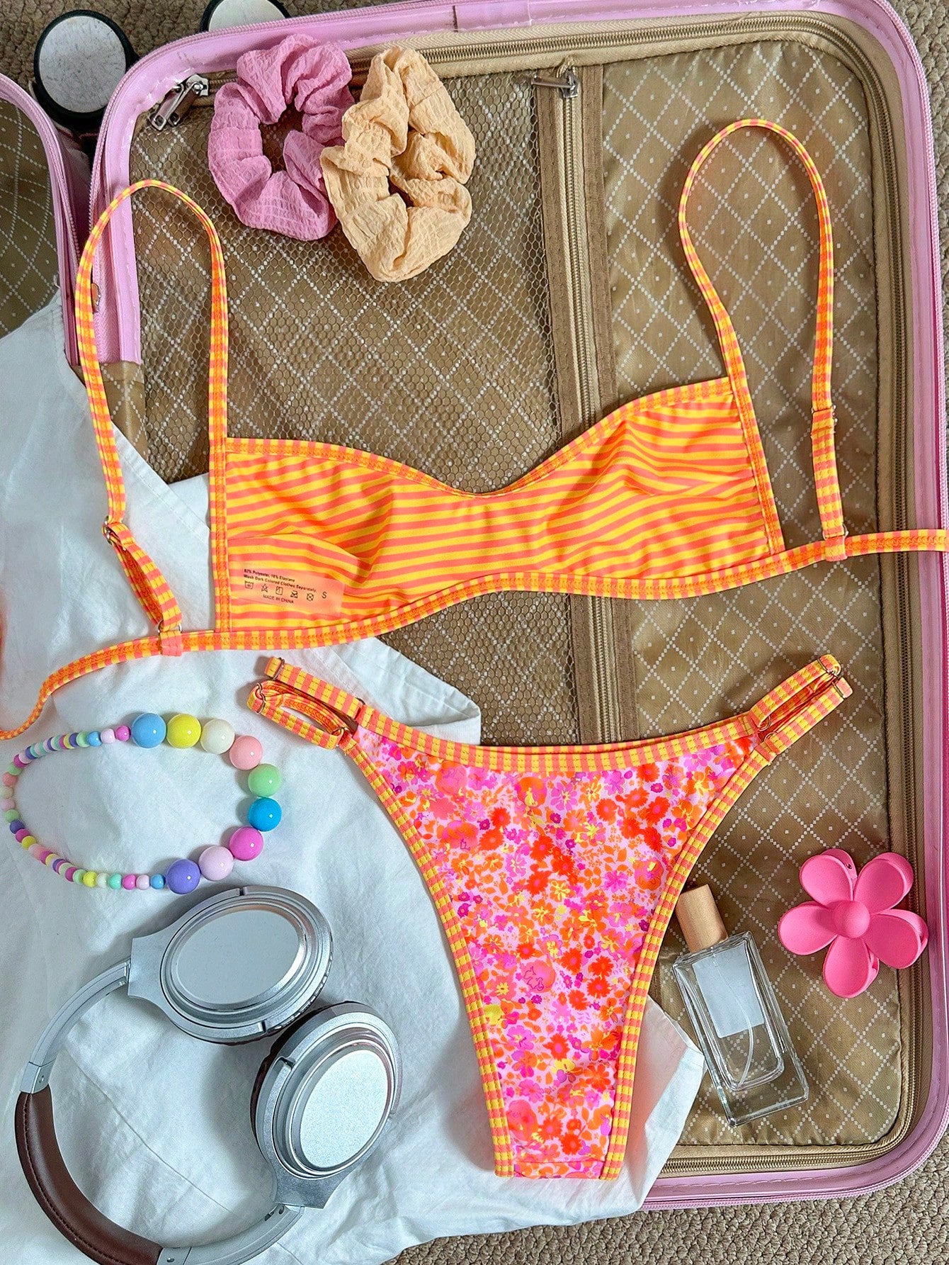 Swim Mod Women's Beach Outfit, Orange Ditsy Floral, Reversible Striped, Micro Bikini Bandeau, Fashionable Casual Resort Cute & Sexy Women's Swimwear Set