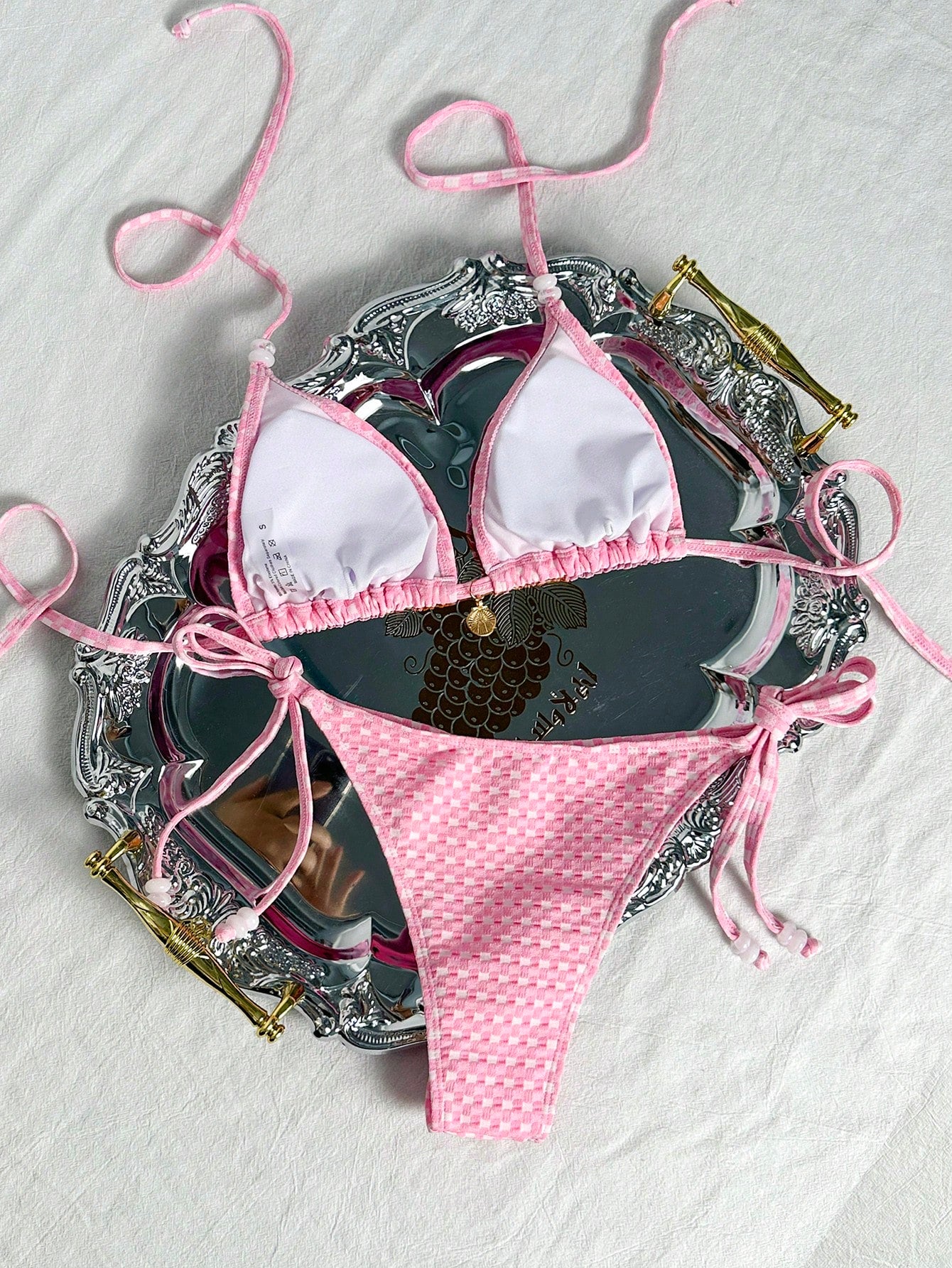 Swim Mod Women's Beach Outfit Set, Colorful Special Fabric Halter Neck Spaghetti Strap Top And Side-Tie Triangle Bikini Bottom Swimsuit