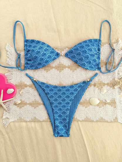 Swim Mod Women's Beach Vacation Print Random Faux Pearl Decor Sexy Bikini Two-Piece Swimsuit Set