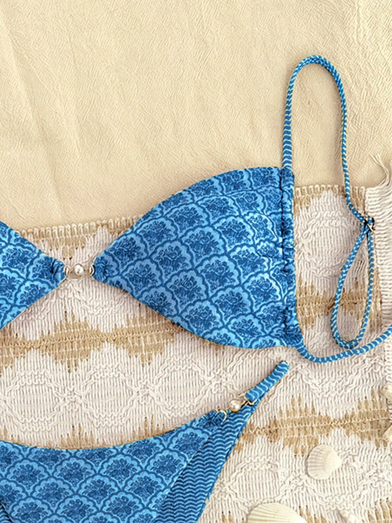 Swim Mod Women's Beach Vacation Print Random Faux Pearl Decor Sexy Bikini Two-Piece Swimsuit Set