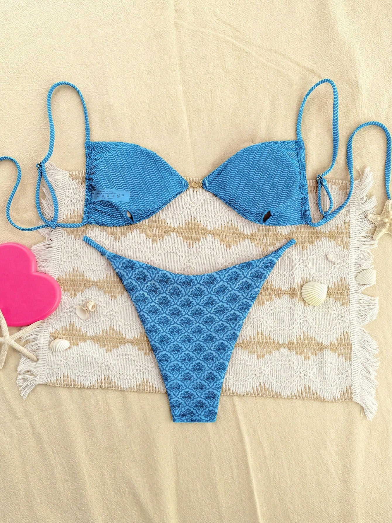 Swim Mod Women's Beach Vacation Print Random Faux Pearl Decor Sexy Bikini Two-Piece Swimsuit Set