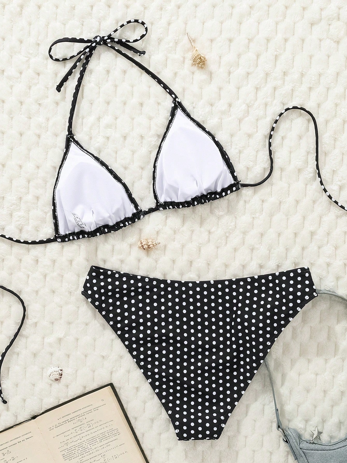 Swim Mod Women's Black Ground White Dot Printed Halter Neck Low Waist Bikini Set For Summer