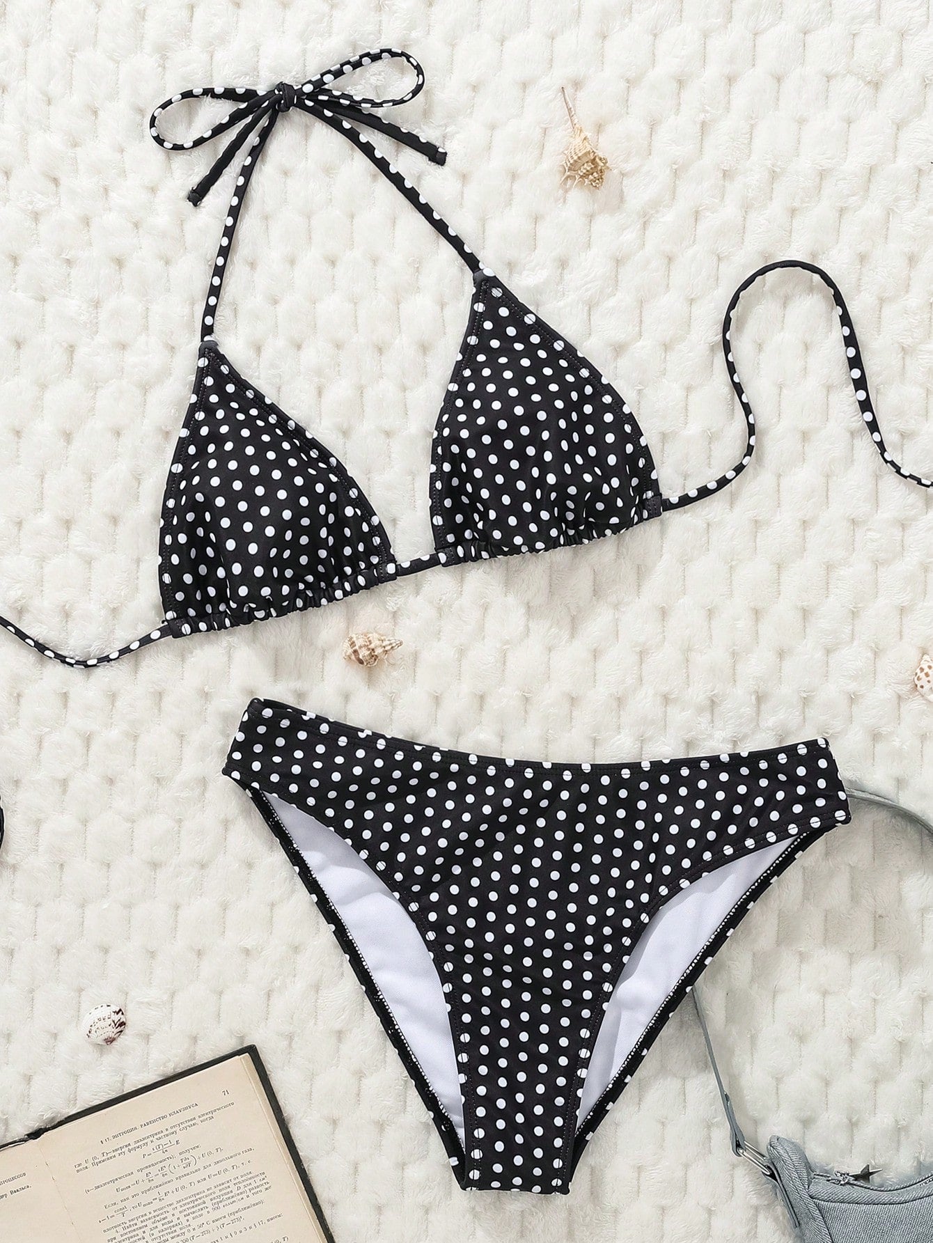 Swim Mod Women's Black Ground White Dot Printed Halter Neck Low Waist Bikini Set For Summer