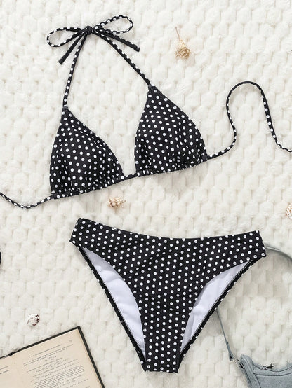 Swim Mod Women's Black Ground White Dot Printed Halter Neck Low Waist Bikini Set For Summer