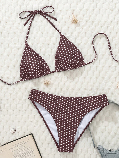 Swim Mod Women's Black & White Polka Dot Print Sexy Halter Low Waist Bikini Set, Summer