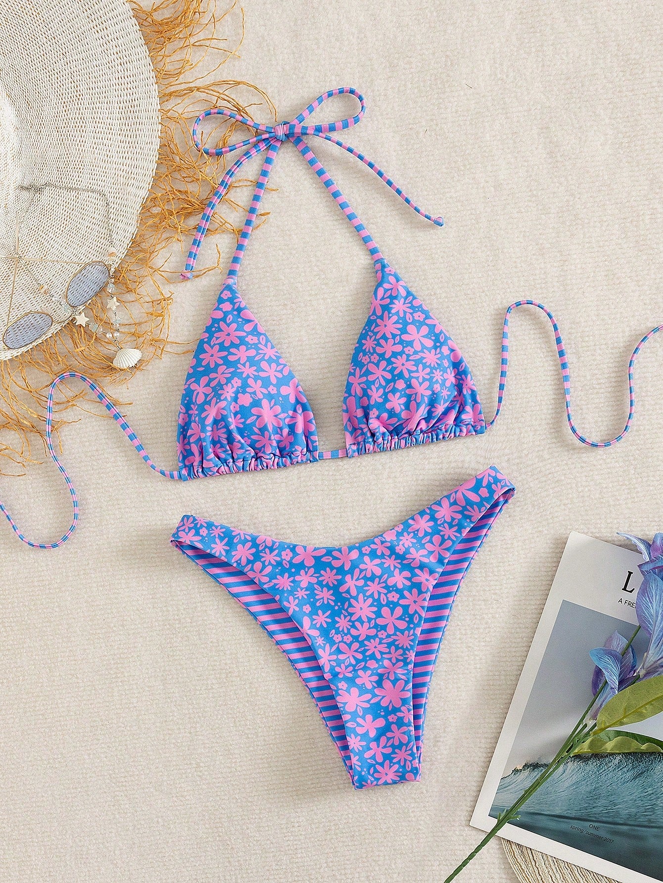Swim Mod Women's Blue Floral Bikini Set,2026 Summer Casual Beach Vacation Holiday Outfit,Backless Halter Tie Two Pieces Swimwear Bathing Suits For Women