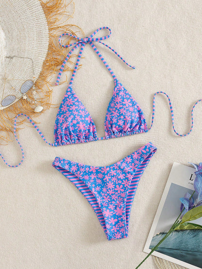 Swim Mod Women's Blue Floral Bikini Set,2026 Summer Casual Beach Vacation Holiday Outfit,Backless Halter Tie Two Pieces Swimwear Bathing Suits For Women