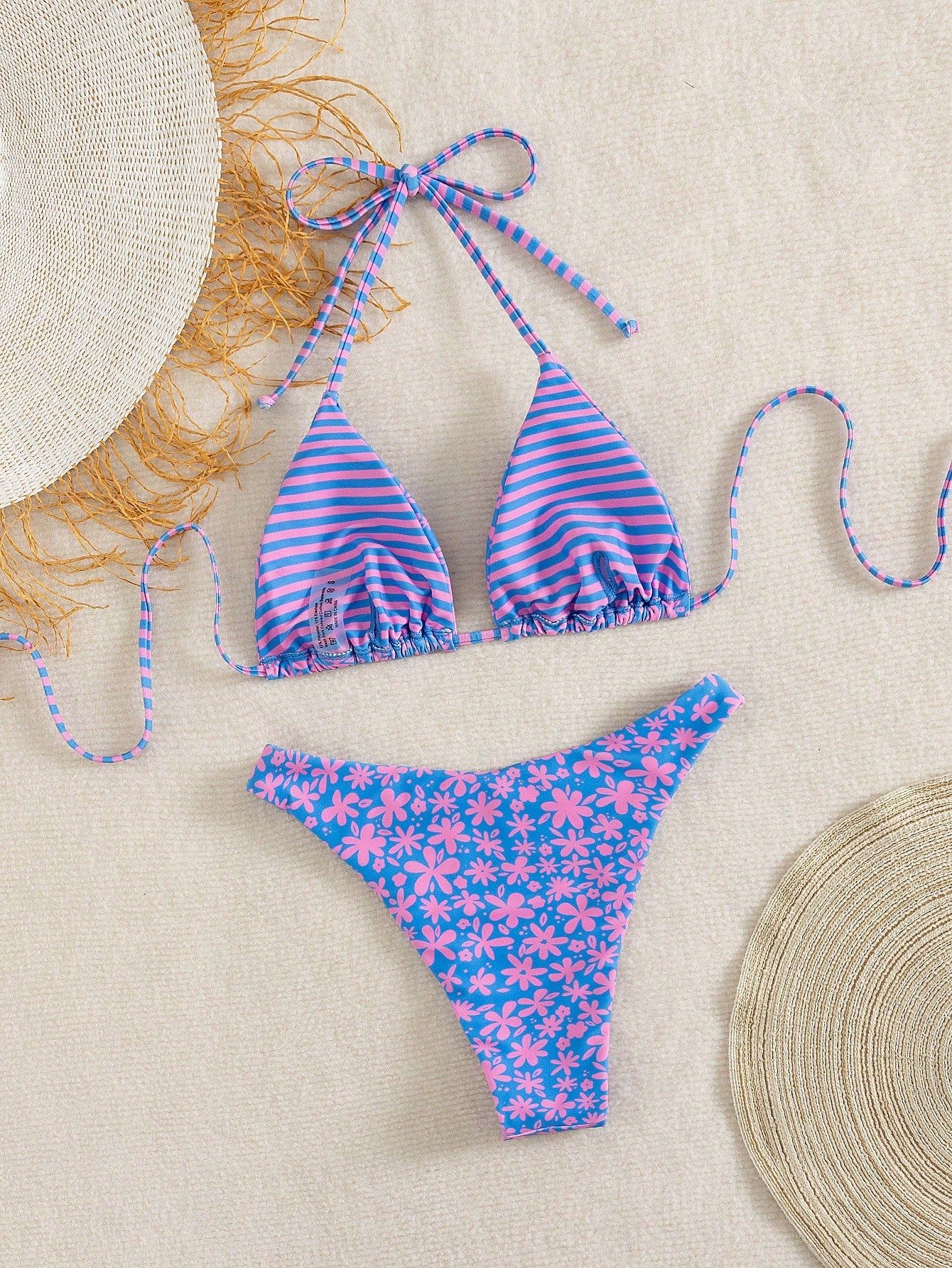 Swim Mod Women's Blue Floral Bikini Set,2026 Summer Casual Beach Vacation Holiday Outfit,Backless Halter Tie Two Pieces Swimwear Bathing Suits For Women