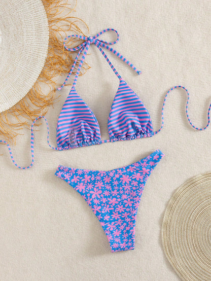 Swim Mod Women's Blue Floral Bikini Set,2026 Summer Casual Beach Vacation Holiday Outfit,Backless Halter Tie Two Pieces Swimwear Bathing Suits For Women