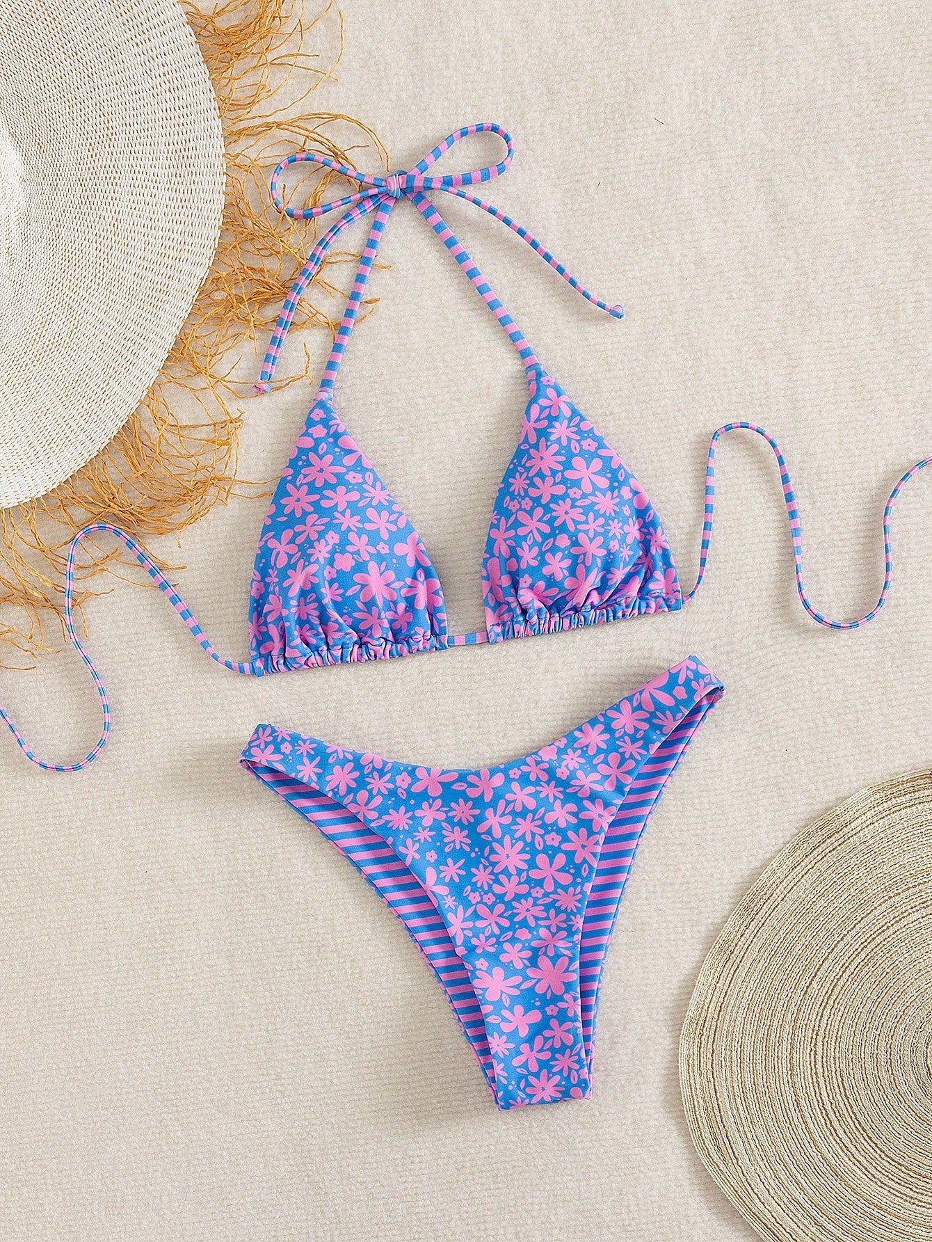 Swim Mod Women's Blue Floral Bikini Set,2026 Summer Casual Beach Vacation Holiday Outfit,Backless Halter Tie Two Pieces Swimwear Bathing Suits For Women
