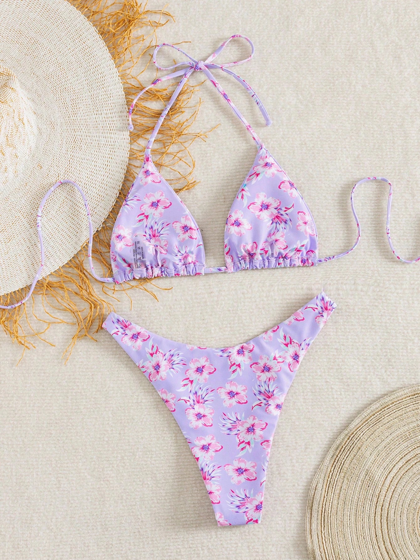Swim Mod Women's Blue Floral Bikini Set,2026 Summer Casual Beach Vacation Holiday Outfit,Backless Halter Tie Two Pieces Swimwear Bathing Suits For Women