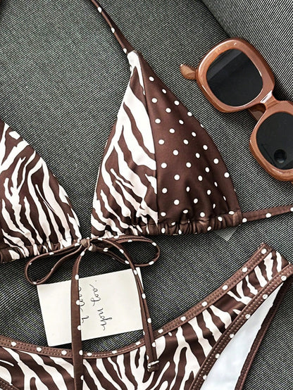 Swim Mod Women's Brown Summer Casual Beach Holiday Vacation 2-Piece Bikini Set,Leopard Print Patchwork Halter Neck Tie Strap Adjustable Top&Tie Side Bottoms