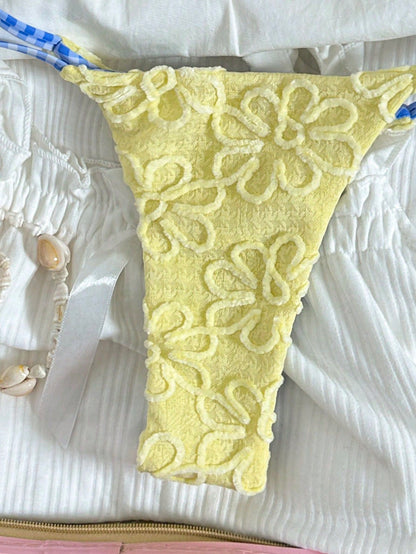 Swim Mod Women's Cute Butter Yellow Sunflower Fabric Floral Plaid Reversible V-Neck Backless Bikini Two Pieces Set, Rivet Shorts, Summer Beach Vacation
