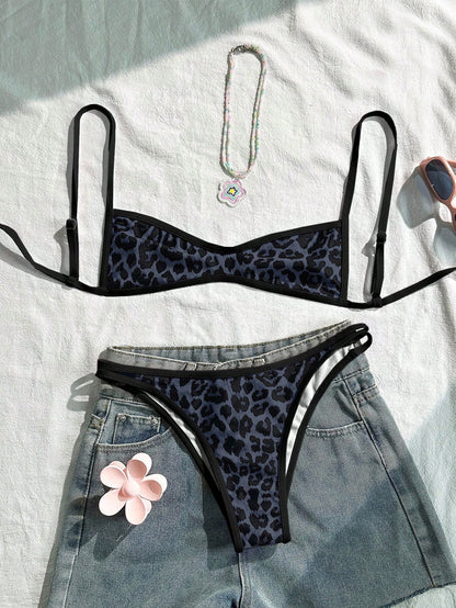 Swim Mod Women's Dark Green Leopard Print Bikini Set,2 Pieces Backless Tie-Front Swimwear For Summer,Casual Beach Holiday Vacation,Boho Elegant Outfits