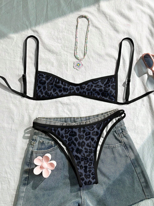 Swim Mod Women's Dark Green Leopard Print Bikini Set,2 Pieces Backless Tie-Front Swimwear For Summer,Casual Beach Holiday Vacation,Boho Elegant Outfits
