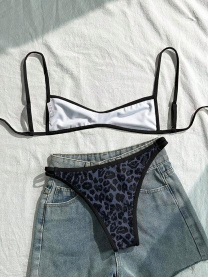 Swim Mod Women's Dark Green Leopard Print Bikini Set,2 Pieces Backless Tie-Front Swimwear For Summer,Casual Beach Holiday Vacation,Boho Elegant Outfits