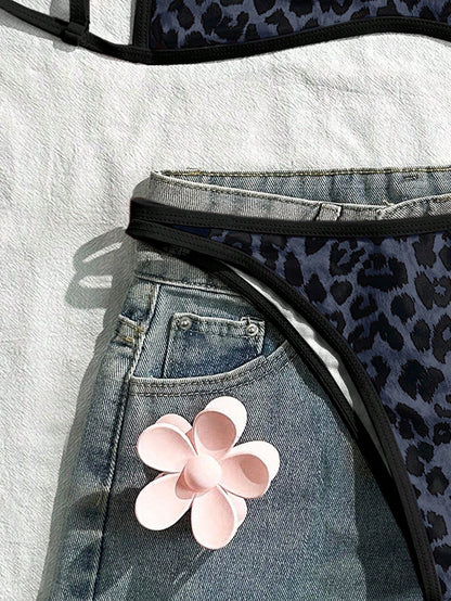 Swim Mod Women's Dark Green Leopard Print Bikini Set,2 Pieces Backless Tie-Front Swimwear For Summer,Casual Beach Holiday Vacation,Boho Elegant Outfits